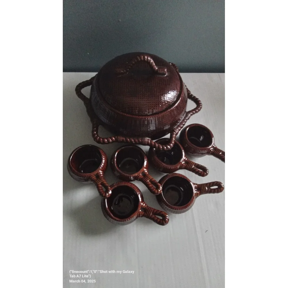 Vintage Ceramic Punch‎ Bowl Set with Ladle Cups Brown Woven Design